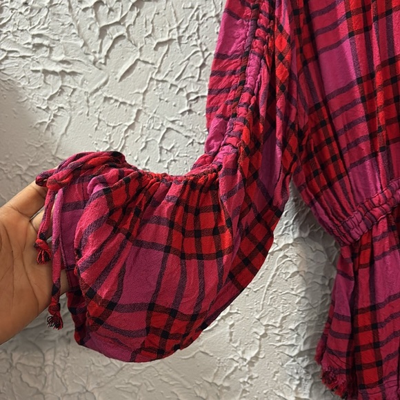 Free People Pacific Dawn Plaid Shirt Red Pink Medium Wool Blend Accent Ties - Picture 6 of 13